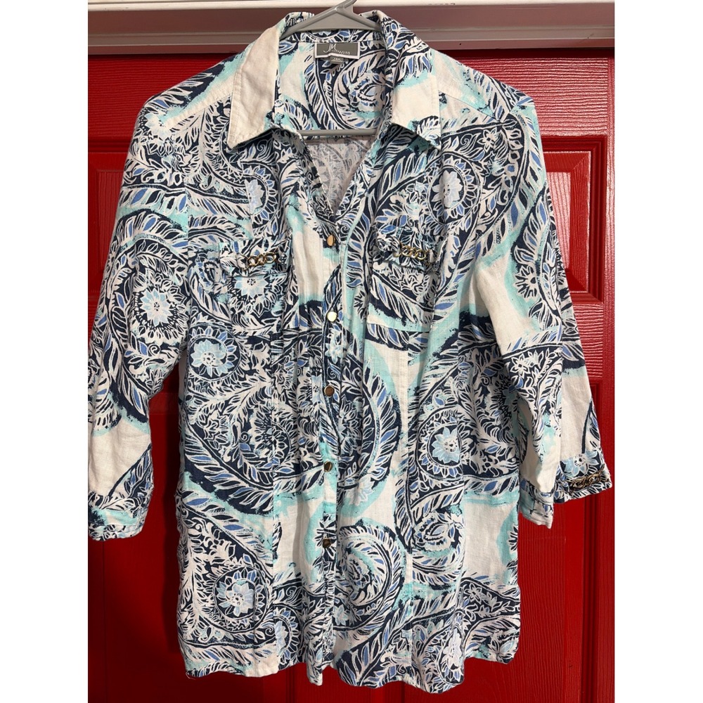 JM Collection Petite Blue White Paisley Linen Blend 3/4 Sleeve Shirt 12P‎
